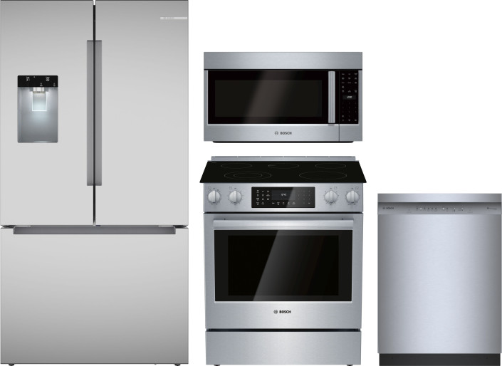 Bosch 4 Piece Kitchen Appliances Package with French Door Refrigerator, Electric Range, Dishwasher and Over the Range Microwave in Stainless Steel BOS