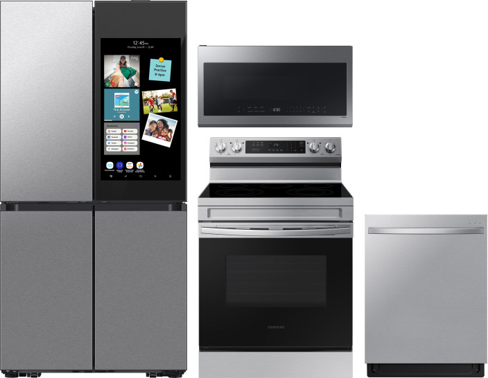 Samsung 4 Piece Kitchen Appliances Package with French Door Refrigerator, Electric Range, Dishwasher and Over the Range Microwave in Stainless Steel S