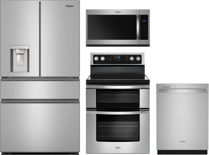 Whirlpool 4 Piece Kitchen Appliances Package with French Door Refrigerator, Electric Range, Dishwasher and Over the Range Microwave in Stainless Steel