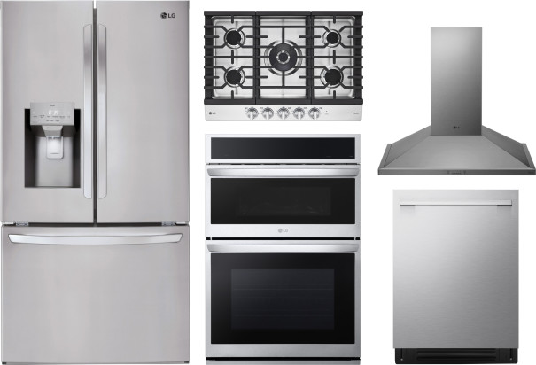 LG 5 Piece Kitchen Appliances Package with French Door Refrigerator and Dishwasher in Stainless Steel LGRECTWODWRH921