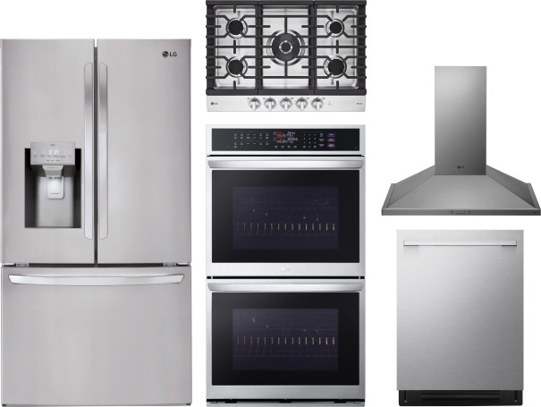 LG 5 Piece Kitchen Appliances Package with French Door Refrigerator and Dishwasher in Stainless Steel LGRECTWODWRH922