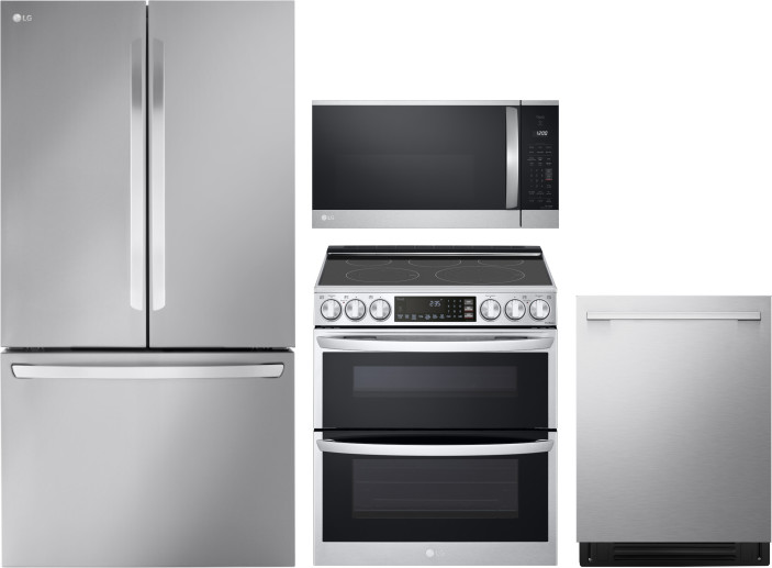 LG 4 Piece Kitchen Appliances Package with French Door Refrigerator, Electric Range, Dishwasher and Over the Range Microwave in Stainless Steel LGRERA