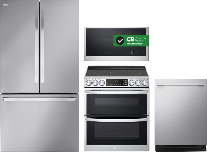 LG 4 Piece Kitchen Appliances Package with French Door Refrigerator, Electric Range, Dishwasher and Over the Range Microwave in Stainless Steel LGRERA