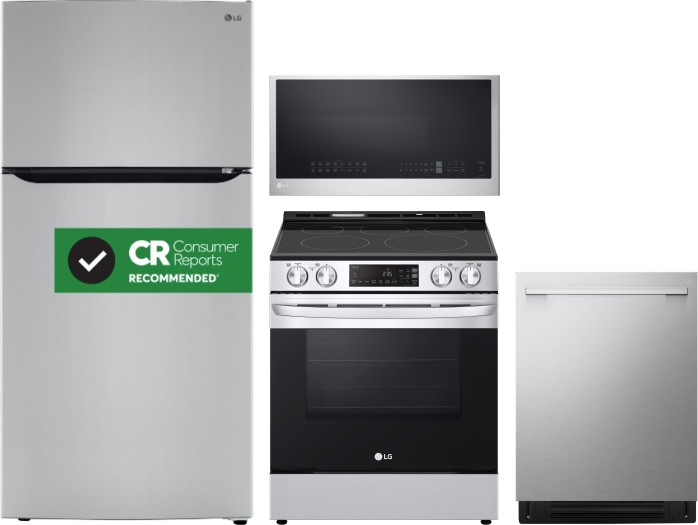 LG 4 Piece Kitchen Appliances Package with Top Freezer Refrigerator, Electric Range, Dishwasher and Over the Range Microwave in Stainless Steel LGRERA