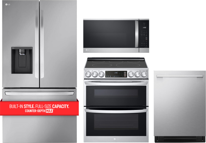 LG 4 Piece Kitchen Appliances Package with French Door Refrigerator, Electric Range, Dishwasher and Over the Range Microwave in Stainless Steel LGRERA