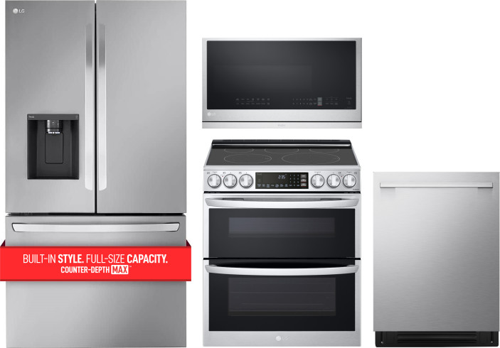 LG 4 Piece Kitchen Appliances Package with French Door Refrigerator, Electric Range, Dishwasher and Over the Range Microwave in Stainless Steel LGRERA
