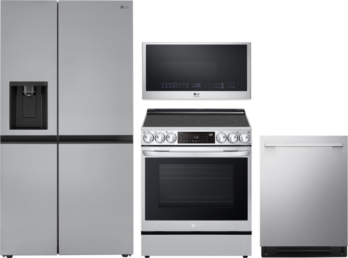 LG 4 Piece Kitchen Appliances Package with Side-by-Side Refrigerator, Electric Range, Dishwasher and Over the Range Microwave in Stainless Steel LGRER