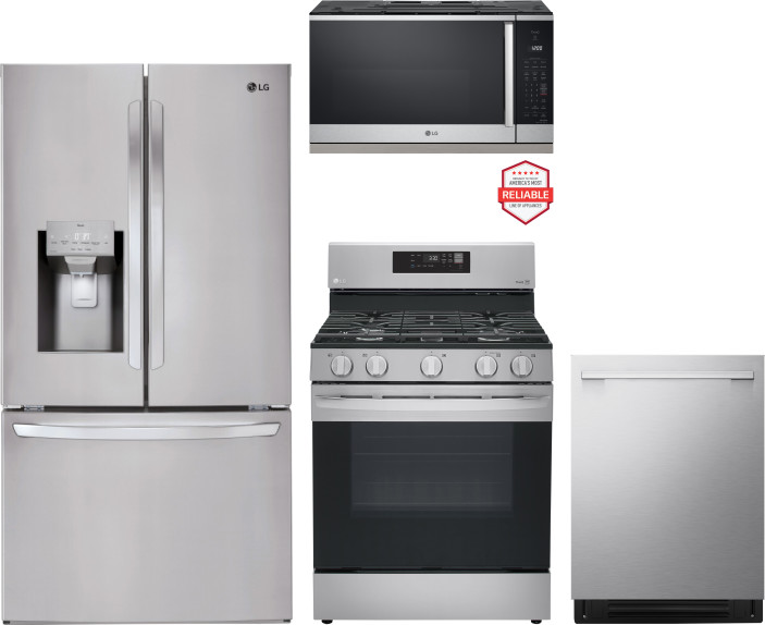 LG 4 Piece Kitchen Appliances Package with French Door Refrigerator, Gas Range, Dishwasher and Over the Range Microwave in Stainless Steel LGRERADWMW2