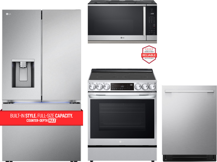 LG 4 Piece Kitchen Appliances Package with French Door Refrigerator, Electric Range, Dishwasher and Over the Range Microwave in Stainless Steel LGRERA