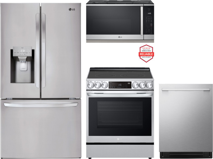 LG 4 Piece Kitchen Appliances Package with French Door Refrigerator, Electric Range, Dishwasher and Over the Range Microwave in Stainless Steel LGRERA