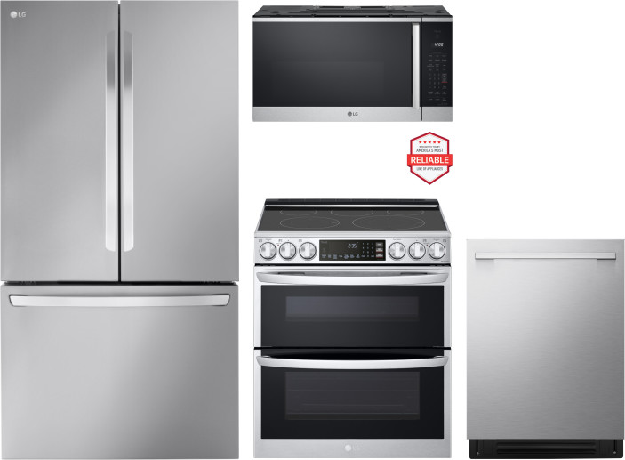 LG 4 Piece Kitchen Appliances Package with French Door Refrigerator, Electric Range, Dishwasher and Over the Range Microwave in Stainless Steel LGRERA