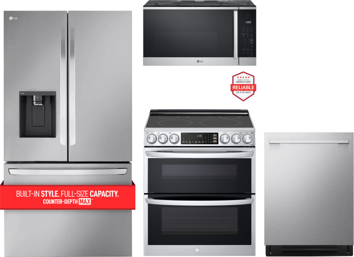 LG 4 Piece Kitchen Appliances Package with French Door Refrigerator, Electric Range, Dishwasher and Over the Range Microwave in Stainless Steel LGRERA