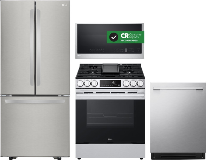 LG 4 Piece Kitchen Appliances Package with French Door Refrigerator, Gas Range, Dishwasher and Over the Range Microwave in Stainless Steel LGRERADWMW2