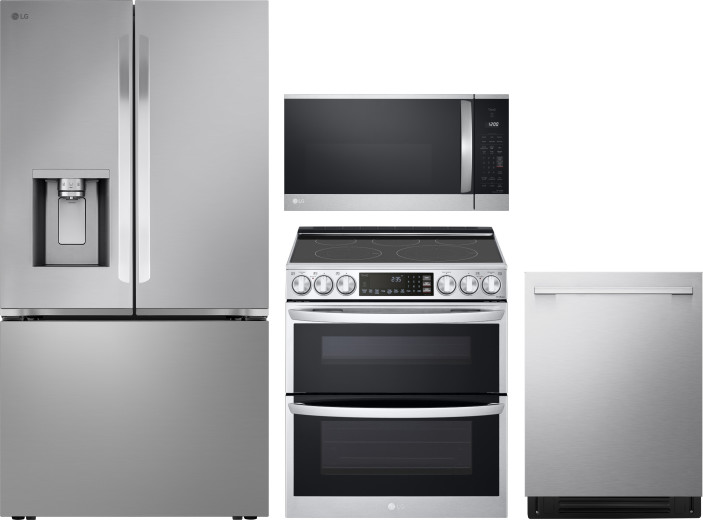 LG 4 Piece Kitchen Appliances Package with French Door Refrigerator, Electric Range, Dishwasher and Over the Range Microwave in Stainless Steel LGRERA