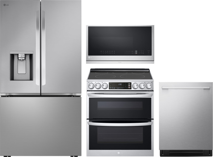 LG 4 Piece Kitchen Appliances Package with French Door Refrigerator, Electric Range, Dishwasher and Over the Range Microwave in Stainless Steel LGRERA