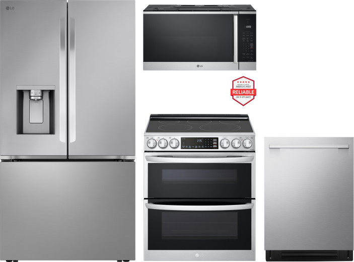 LG 4 Piece Kitchen Appliances Package with French Door Refrigerator, Electric Range, Dishwasher and Over the Range Microwave in Stainless Steel LGRERA