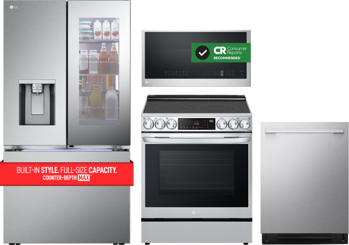 LG 4 Piece Kitchen Appliances Package with French Door Refrigerator, Electric Range, Over the Range Microwave and Dishwasher in Stainless Steel LGRERA