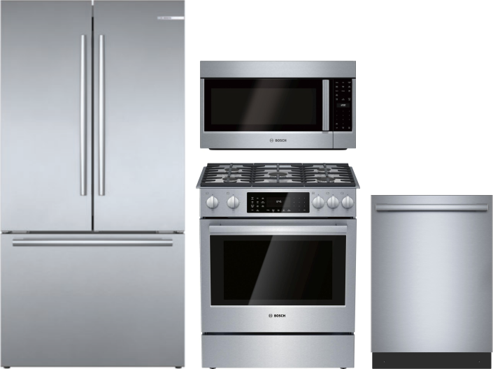 Bosch 4 Piece Kitchen Appliances Package with French Door Refrigerator, Dual Fuel Range, Dishwasher and Over the Range Microwave in Stainless Steel BO