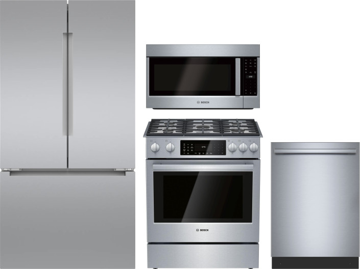 Bosch 4 Piece Kitchen Appliances Package with French Door Refrigerator, Dual Fuel Range, Dishwasher and Over the Range Microwave in Stainless Steel BO
