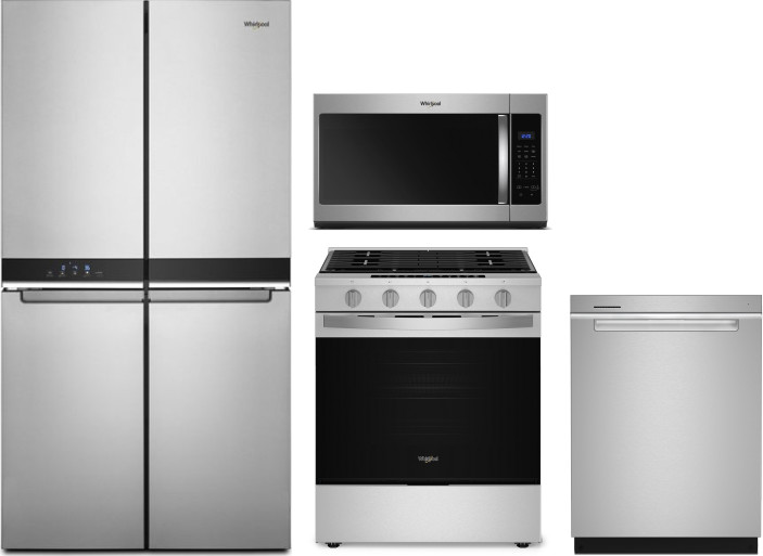 Whirlpool 4 Piece Kitchen Appliances Package with French Door Refrigerator, Gas Range, Dishwasher and Over the Range Microwave in Fingerprint Resistan