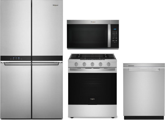 Whirlpool 4 Piece Kitchen Appliances Package with French Door Refrigerator, Gas Range, Dishwasher and Over the Range Microwave in Fingerprint Resistan