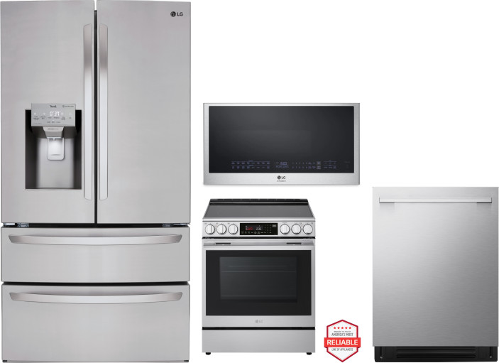 LG 4 Piece Kitchen Appliances Package with French Door Refrigerator, Electric Range, Dishwasher and Over the Range Microwave in Stainless Steel LGRERA