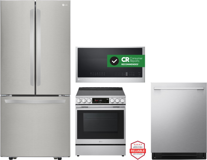LG 4 Piece Kitchen Appliances Package with French Door Refrigerator, Electric Range, Dishwasher and Over the Range Microwave in Stainless Steel LGRERA