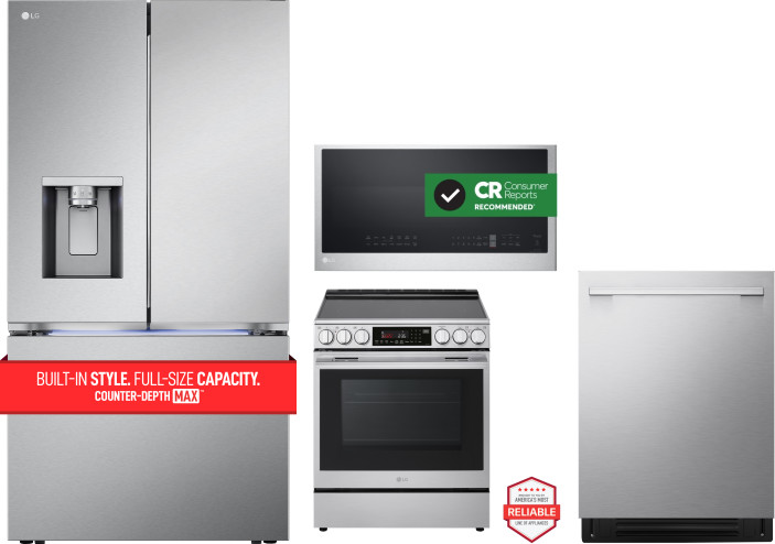 LG 4 Piece Kitchen Appliances Package with French Door Refrigerator, Electric Range, Dishwasher and Over the Range Microwave in Stainless Steel LGRERA