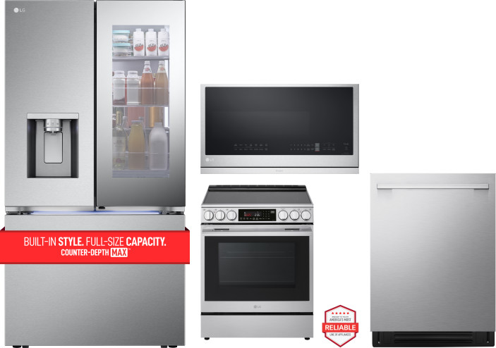LG 4 Piece Kitchen Appliances Package with French Door Refrigerator, Electric Range, Dishwasher and Over the Range Microwave in Stainless Steel LGRERA