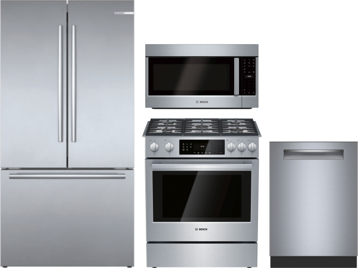 Bosch 800 4 Piece Kitchen Appliances Package with French Door Refrigerator, Gas Range, Dishwasher and Over the Range Microwave in Stainless Steel BORE