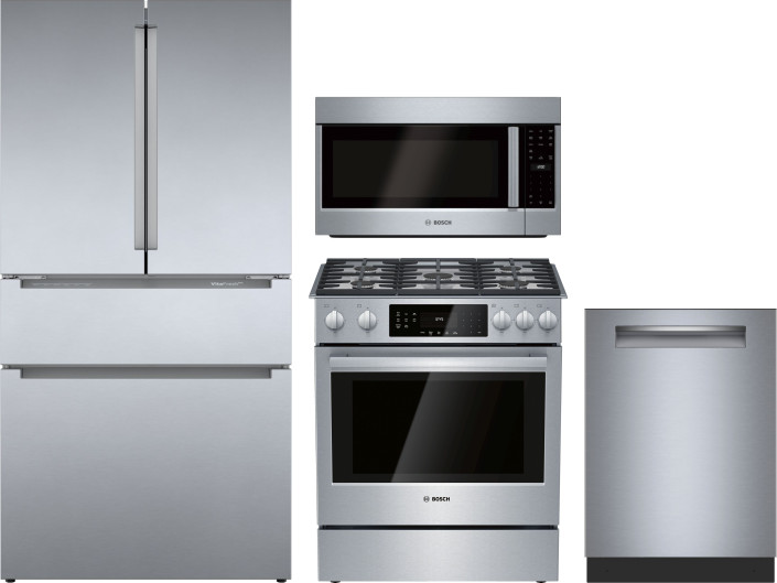 Bosch 4 Piece Kitchen Appliances Package with French Door Refrigerator, Gas Range, Dishwasher and Over the Range Microwave in Stainless Steel BORERADW