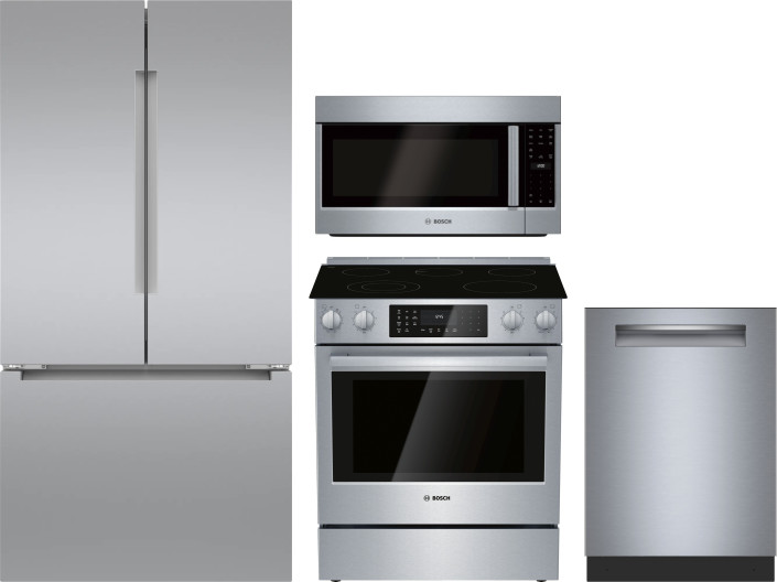 Bosch 4 Piece Kitchen Appliances Package with French Door Refrigerator, Electric Range, Dishwasher and Over the Range Microwave in Stainless Steel BOR