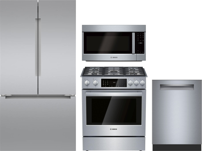 Bosch 4 Piece Kitchen Appliances Package with French Door Refrigerator, Dual Fuel Range, Dishwasher and Over the Range Microwave in Stainless Steel BO