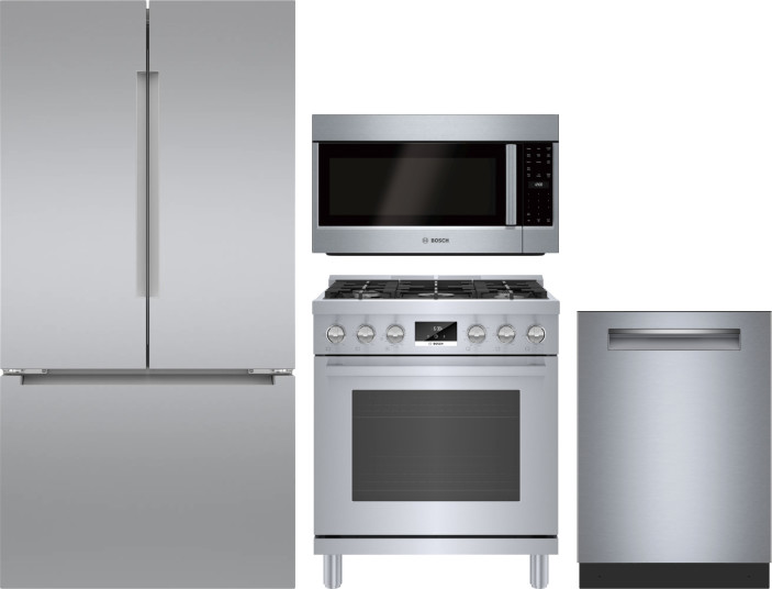 Bosch 4 Piece Kitchen Appliances Package with French Door Refrigerator, Gas Range, Dishwasher and Over the Range Microwave in Stainless Steel BORERADW