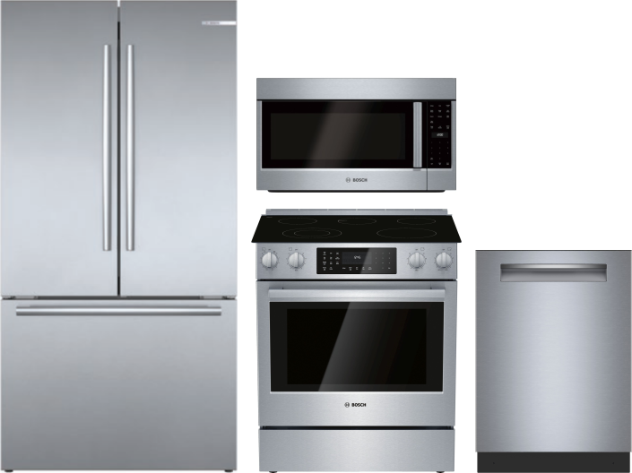Bosch 4 Piece Kitchen Appliances Package with French Door Refrigerator, Electric Range, Dishwasher and Over the Range Microwave in Stainless Steel BOR