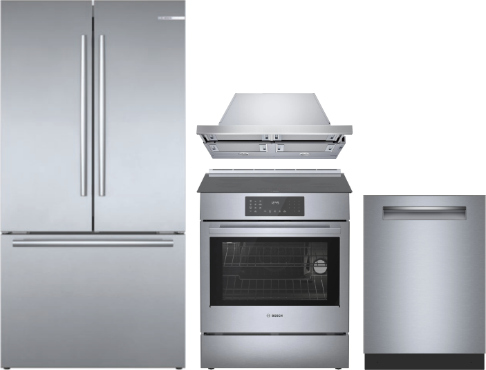 Bosch 800 4 Piece Kitchen Appliances Package with French Door Refrigerator, Induction Range and Dishwasher in Stainless Steel BORERARHDW149