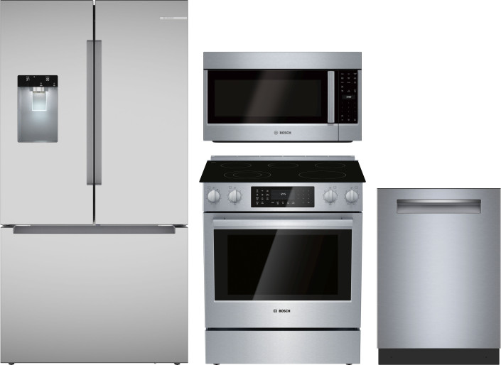 Bosch 4 Piece Kitchen Appliances Package with French Door Refrigerator, Electric Range, Dishwasher and Over the Range Microwave in Stainless Steel BOR
