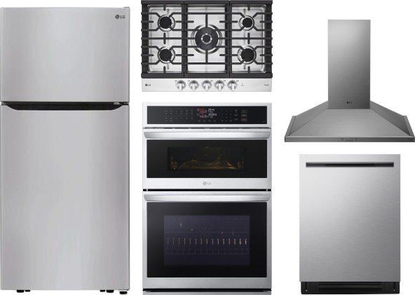 LG 5 Piece Kitchen Appliances Package with Top Freezer Refrigerator and Dishwasher in Stainless Steel LGRECTWODWRH933