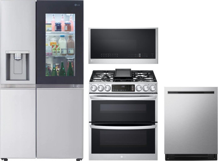 LG 4 Piece Kitchen Appliances Package with Side-by-Side Refrigerator, Gas Range, Dishwasher and Over the Range Microwave in Stainless Steel LGRERADWMW