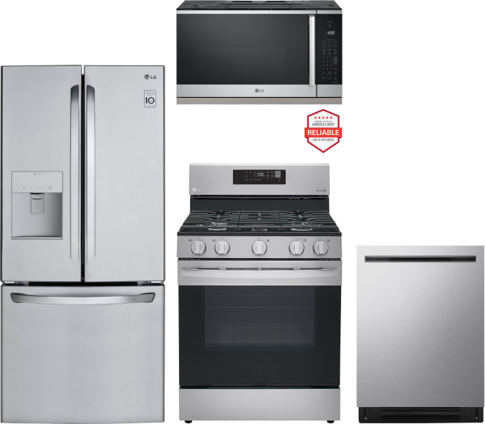 LG 4 Piece Kitchen Appliances Package with French Door Refrigerator, Gas Range, Dishwasher and Over the Range Microwave in Stainless Steel LGRERADWMW2