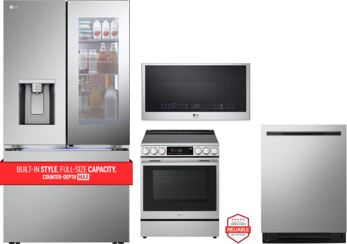 LG 4 Piece Kitchen Appliances Package with French Door Refrigerator, Electric Range, Dishwasher and Over the Range Microwave in Stainless Steel LGRERA