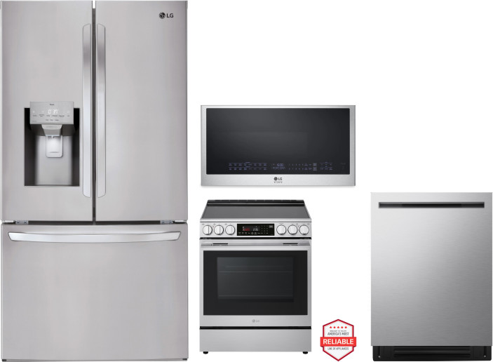 LG 4 Piece Kitchen Appliances Package with French Door Refrigerator, Electric Range, Dishwasher and Over the Range Microwave in Stainless Steel LGRERA