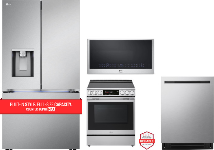 LG 4 Piece Kitchen Appliances Package with French Door Refrigerator, Electric Range, Dishwasher and Over the Range Microwave in Stainless Steel LGRERA
