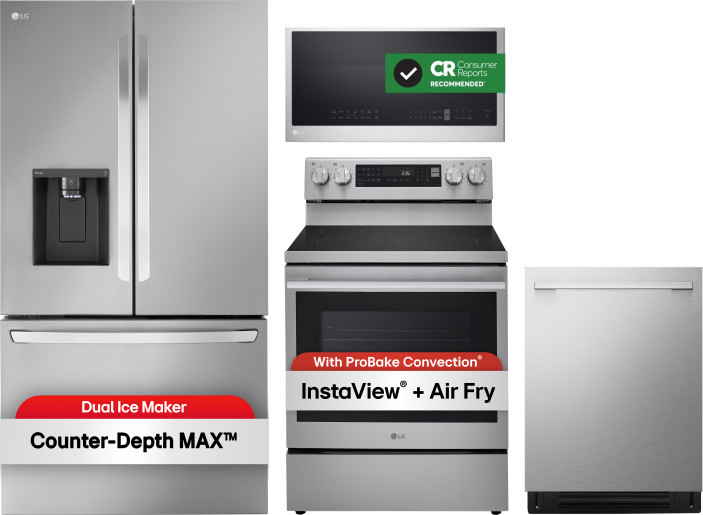 LG 4 Piece Kitchen Appliances Package with French Door Refrigerator, Electric Range, Dishwasher and Over the Range Microwave in Stainless Steel LGRERA
