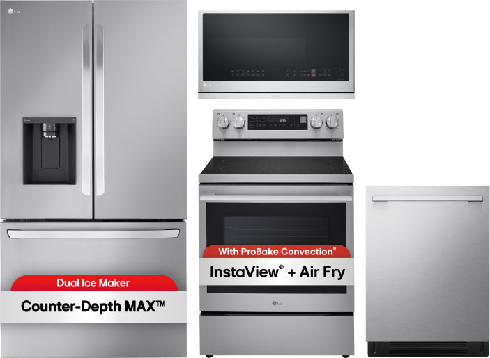 LG 4 Piece Kitchen Appliances Package with French Door Refrigerator, Electric Range, Dishwasher and Over the Range Microwave in Stainless Steel LGRERA