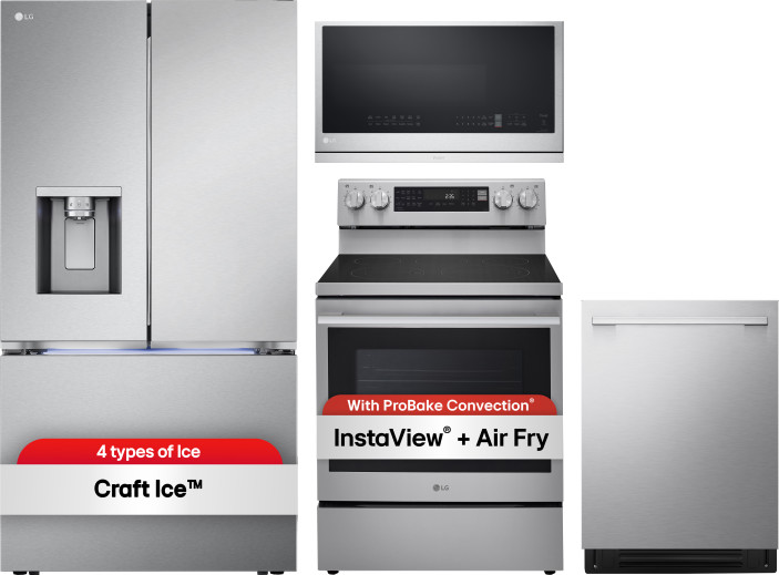 LG 4 Piece Kitchen Appliances Package with French Door Refrigerator, Electric Range, Dishwasher and Over the Range Microwave in Stainless Steel LGRERA