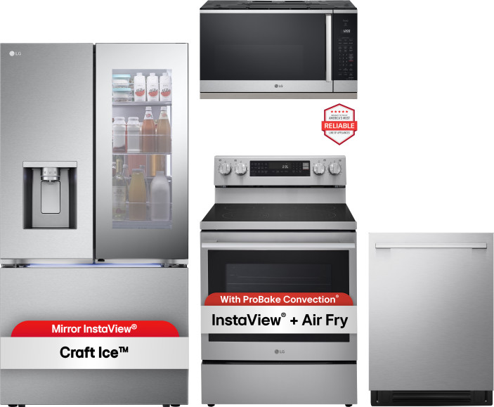 LG 4 Piece Kitchen Appliances Package with French Door Refrigerator, Electric Range, Dishwasher and Over the Range Microwave in Stainless Steel LGRERA