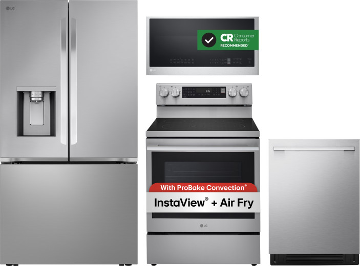 LG 4 Piece Kitchen Appliances Package with French Door Refrigerator, Electric Range, Dishwasher and Over the Range Microwave in Stainless Steel LGRERA