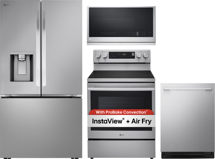 LG 4 Piece Kitchen Appliances Package with French Door Refrigerator, Electric Range, Dishwasher and Over the Range Microwave in Stainless Steel LGRERA
