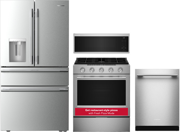 4 Piece Kitchen Appliances Package with French Door Refrigerator, Dishwasher, Gas Range and Over the Range Microwave in Fingerprint Resistant Stainles